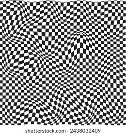 Trendy checkered pattern, black and white distorted tiled grid. Wavy curved backdrop, distortion effect. Funky geometric chessboard texture, retro background in 90s style, y2k. Vector illustration