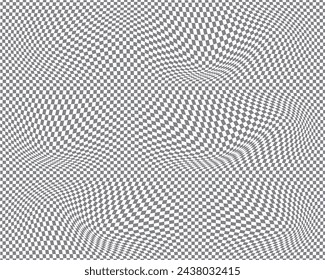 Trendy checkered pattern, black and white distorted tiled grid. Wavy curved backdrop, distortion effect. Funky geometric chessboard texture, retro background in 90s style, y2k. Vector illustration