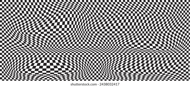 Trendy checkered pattern, black and white distorted tiled grid. Wavy curved backdrop, distortion effect. Funky geometric chessboard texture, retro background in 90s style, y2k. Vector illustration
