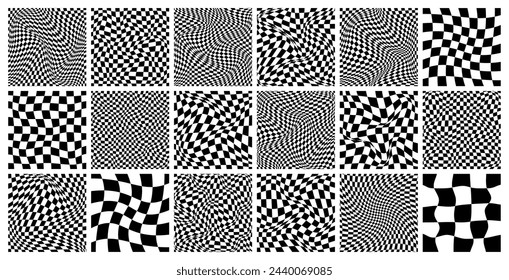 Trendy checkered pattern, black and white distorted tiled grid. Wavy curved backdrop, distortion effect. Funky geometric chessboard texture, retro background in 90s style, y2k. Vector illustration