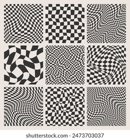 Trendy checkered pattern, black and white distorted tiled grid. Wavy curved backdrop, distortion effect. Funky geometric chessboard texture, retro background in 90s style, y2k. Vector illustration