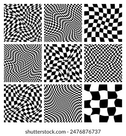 Trendy kariertes Muster, schwarz-weiß verzerrte Fliesenraster. Wellenförmiger gekrümmter Hintergrund, Verzerrungseffekt. Funky geometrische Schachbrett-Textur, Retro-Hintergrund im 90er Jahre-Stil, Y2K. Vektorillustration