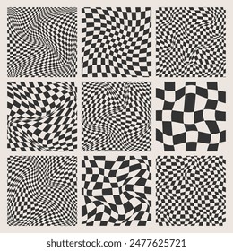 Trendy checkered pattern, black and white distorted tiled grid. Wavy curved backdrop, distortion effect. Funky geometric chessboard texture, retro background in 90s style, y2k. Vector illustration