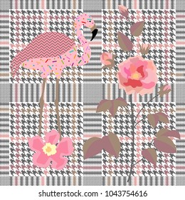 Trendy checkered  print with embroidered roses and flamingo. Seamless hounds tooth pattern with English motifs. Textile design for school uniform, plaids, scarfs. Red flower on grey background.