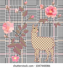 Trendy checkered  print with embroidered roses and llamas. Seamless hounds tooth pattern with English motifs. Textile design for school uniform, plaids, scarfs. Red flower on grey background.