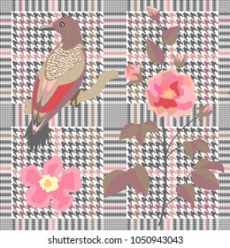 Trendy checkered  print with embroidered roses and woodpecker. Seamless hounds tooth pattern with English motifs. Textile design for school uniform, plaids, scarfs. Red flower on grey background.