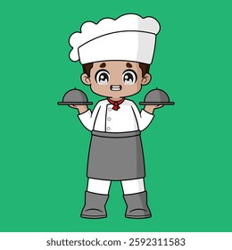 A trendy chibi boy chef is happily smiling while serving the meal