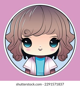 Trendy chibi vector portrait of an elegant cute girl with light brown hair. Simple kawaii Harajuku style anime portrait in a circle. editable