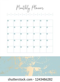 Trendy chic feminine template of Monthly Planner in tropical style and gold dust textured background