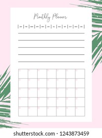 Trendy chic feminine template of Monthly Planner in tropical style 