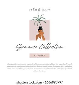 Trendy chic header or banner with modern  woman illustration, tropical botanical decoration elements with text inscription. Summer background for web, social media, e-commerce, greeting cards, etc