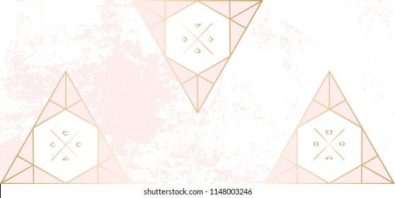 Trendy Chic pastel colored background with Gold geometric shapes. Abstract unusual worn textures for wedding invitation cards, business cards, fashion headers, posters, artistic backgrounds. Vector