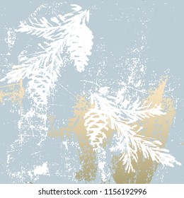 Trendy Chic Pastel colored background with Gold Foil shapes and painted christmas tree silhouettes. Abstract unusual textures for wallpaper, greeting cards, headers, decoration elements. Vector