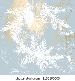 Trendy Chic Pastel colored background with Gold Foil shapes and painted christmas tree silhouettes. Abstract unusual textures for wallpaper, greeting cards, headers, decoration elements. Vector