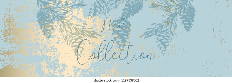 Trendy Chic Pastel colored background with Gold Foil shapes and painted christmas tree silhouettes. Abstract unusual textures for wallpaper, greeting cards, headers, decoration elements. Vector