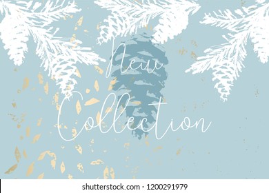Trendy Chic Pastel colored background with Gold Foil shapes and painted christmas tree silhouettes. Abstract unusual textures for wallpaper, greeting cards, headers, decoration elements. Vector