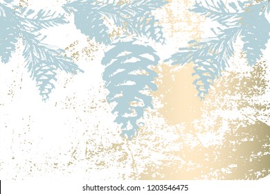 Trendy Chic Pastel colored background with Gold Foil shapes and painted christmas tree silhouettes. Abstract unusual textures for wallpaper, greeting cards, headers, decoration elements. Vector