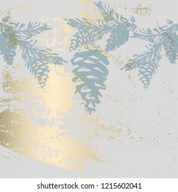 Trendy Chic Pastel colored background with Gold Foil shapes and painted christmas tree silhouettes. Abstract unusual textures for wallpaper, greeting cards, headers, decoration elements. Vector