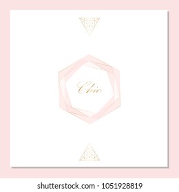 Trendy Chic pastel colored card with Gold geometric shapes. Creative elegant design for wedding invitation cards, business cards, fashion headers, posters, anniversary, birthday, save the date. Vector