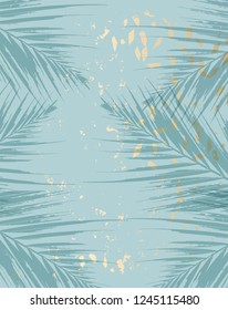 Trendy chic pattern in tropical style and gold dust confetti texture for advertising, wedding invitation design, wallpaper, anniversary, postcard, greeting cards
