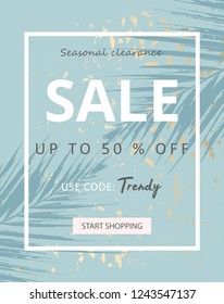 Trendy chic social media banner template in tropical style and gold dust textured background