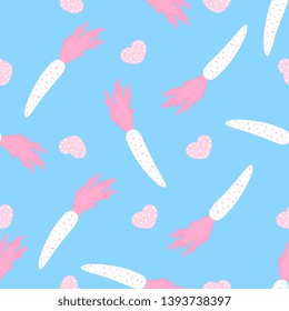 Trendy childish seamless pattern with carrot and heart. Can be used for the decoration of the nursery, children's clothing, kids accessories, gift wrapping, digital paper.