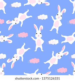 Trendy childish seamless pattern with cute Easter bunny and clouds. Can be used for the decoration of the nursery, children's clothing, kids accessories, gift wrapping, digital paper.