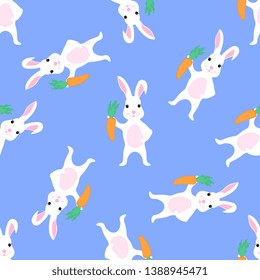 Trendy childish seamless pattern with cute Easter bunny and carrot. Can be used for the decoration of the nursery, children's clothing, kids accessories, gift wrapping, digital paper.