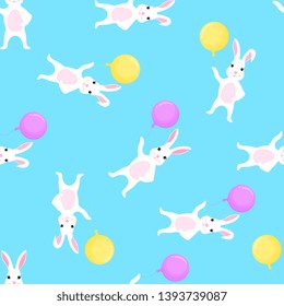 Trendy childish seamless pattern with cute Easter bunny and balloons. Can be used for the decoration of the nursery, children's clothing, kids accessories, gift wrapping, digital paper.