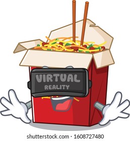 Trendy chinese box noodle character wearing Virtual reality headset