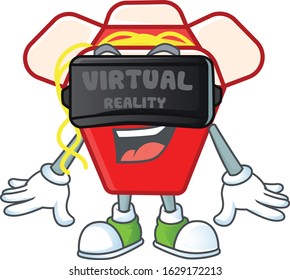 Trendy chinese box noodle character wearing Virtual reality headset