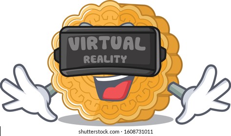 Trendy chinese mooncake character wearing Virtual reality headset