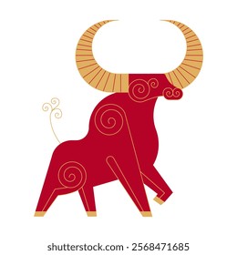 Trendy chinese new year horoscope abstract red and gold geometric animal bull ox flat simple minimalist local style. Chinese zodiac calendar logo, Asian lunar astrological signs