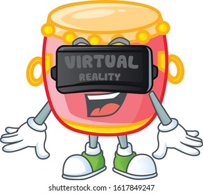 Trendy chinese red drum character wearing Virtual reality headset