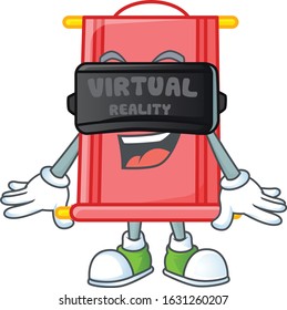 Trendy chinese red scroll character wearing Virtual reality headset