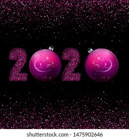 
Trendy Christmas background 2020 and lilac balls. Holiday card design.