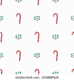 Trendy Christmas Background With Caramel Canes And Branches Isolated On White Backdrop. Vector Seamless Pattern. Hand-drawn Print For Winter Holidays. Xmas Design For Textile, Wrapping Paper, Gifts.