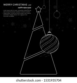 Trendy Christmas Background with New Year Tree & Decorative Bauble. Line Vector Illustration. Flat Design 
