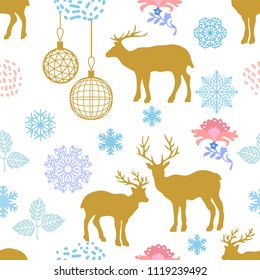 	
Trendy Christmas background. Seamless vector pattern with deers, snowflakes and abstract floral and geometric elements. Simple design for packaging, cards and textile. On white.