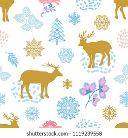 	
Trendy Christmas background. Seamless vector pattern with spruce tree, deers, snowflakes and abstract floral and geometric elements. Simple design for packaging, cards and textile. On white.