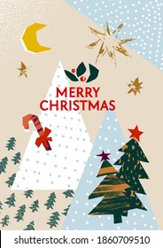 Trendy Christmas Card or Background with Decorative Elements  Hand Drawn with a Brush