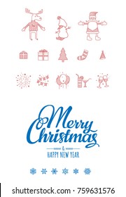 Trendy Christmas characters and icons set. Merry Christmas and Happy New Year lettering. Vector illustration. Template for your design works.