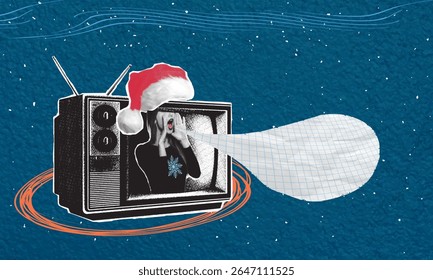 Trendy Christmas collage in pop art style. Halftone retro TV with Santa hat on it, screaming announcer, speech bubble. Holiday, Christmas, New Year. Concept of congratulation, greeting.