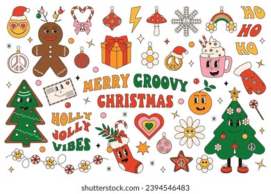 Trendy Christmas collection 
of stickers in Groovy hippie style. Merry Christmas and Happy New year trendy vintage retro cartoon characters. Vector illustration. 