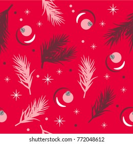 TRENDY CHRISTMAS DECORATIVE SEAMLESS VECTOR PATTERN. BAUBLE SHADOW AND FIR BRANCH. RED WRAPPING PAPER