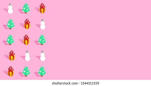 Trendy Christmas design background. Xmas winter card Place for text. Christmas tree and gift. Snowman pastel color. New Year design concept vector illustration. 