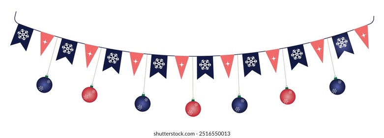 Trendy Christmas garland with balls and bunting flags isolated on transparent background