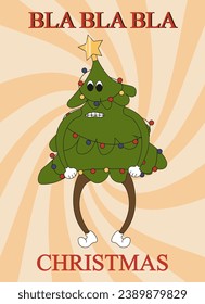 Trendy Christmas greeting card with Cartoon Christmas tree in modern retro paper style on circus tent background. Xmas Calendar, banner, poster cover. Design web page, brochure. Vector illustration.