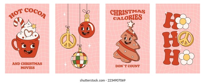 Trendy christmas groovy poster set with retro cartoon characters and elements. Hot cocoa and christmas movies, ho-ho-ho, christmas calories dont count. Vibes 70s. 
Stories template, postcard, poster.