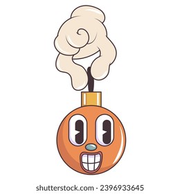 Trendy christmas groovy sticker patch retro cartoon element. Ball with face in hand Christmas tree toy. Vibes 70s. Vector illustration